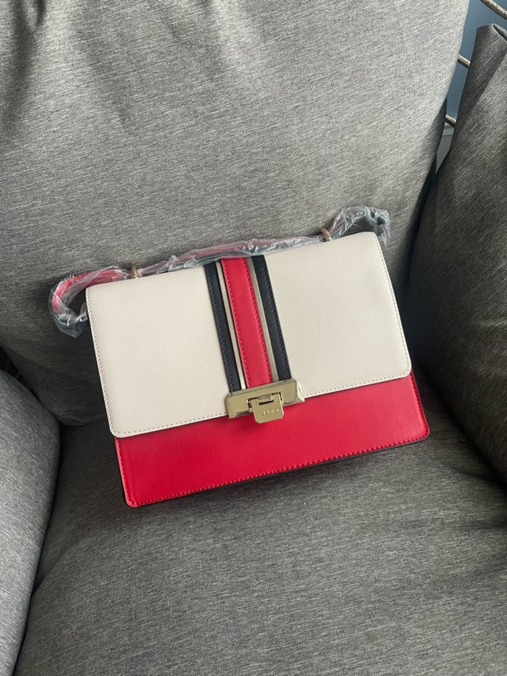 ALDO Cream and Red Crossbody Shoulder Bag with Gold Hardware